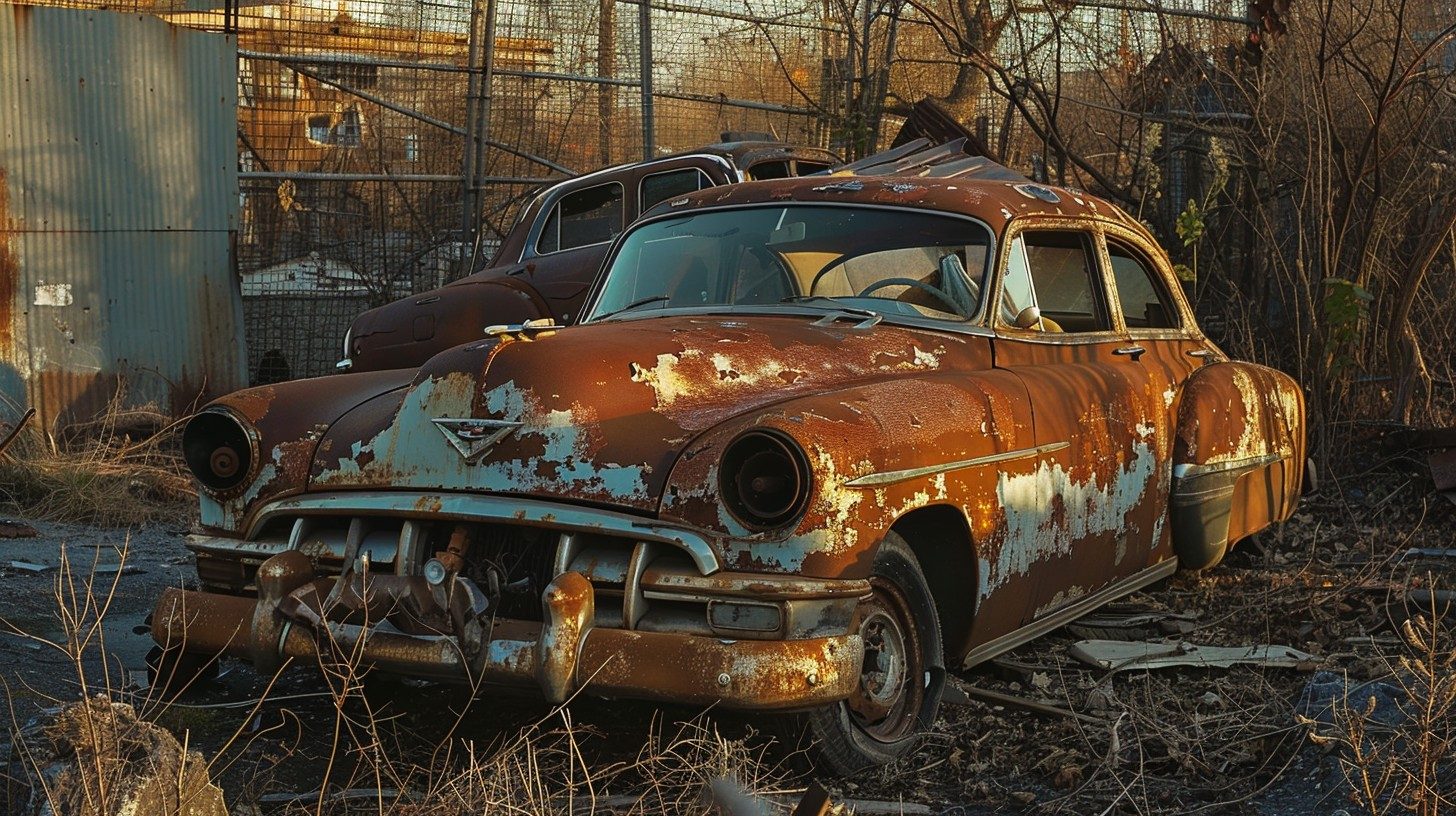 Old rusted car sitting in a yard, ready to be hauled away