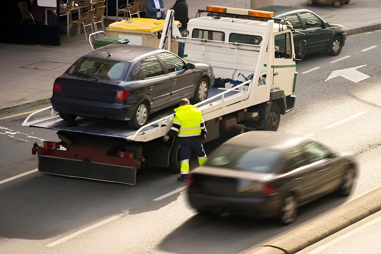 Tow truck driver in a safety vest loading a car onto a flatbed on a city street