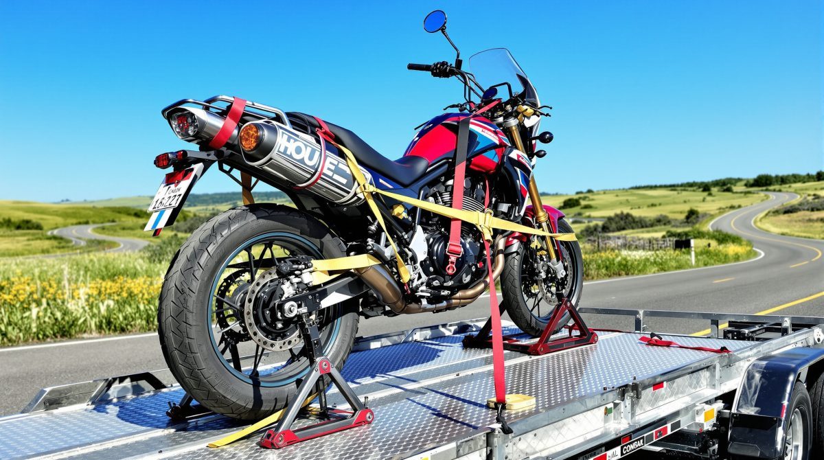 Motorcycle strapped down with soft straps on a flatbed trailer